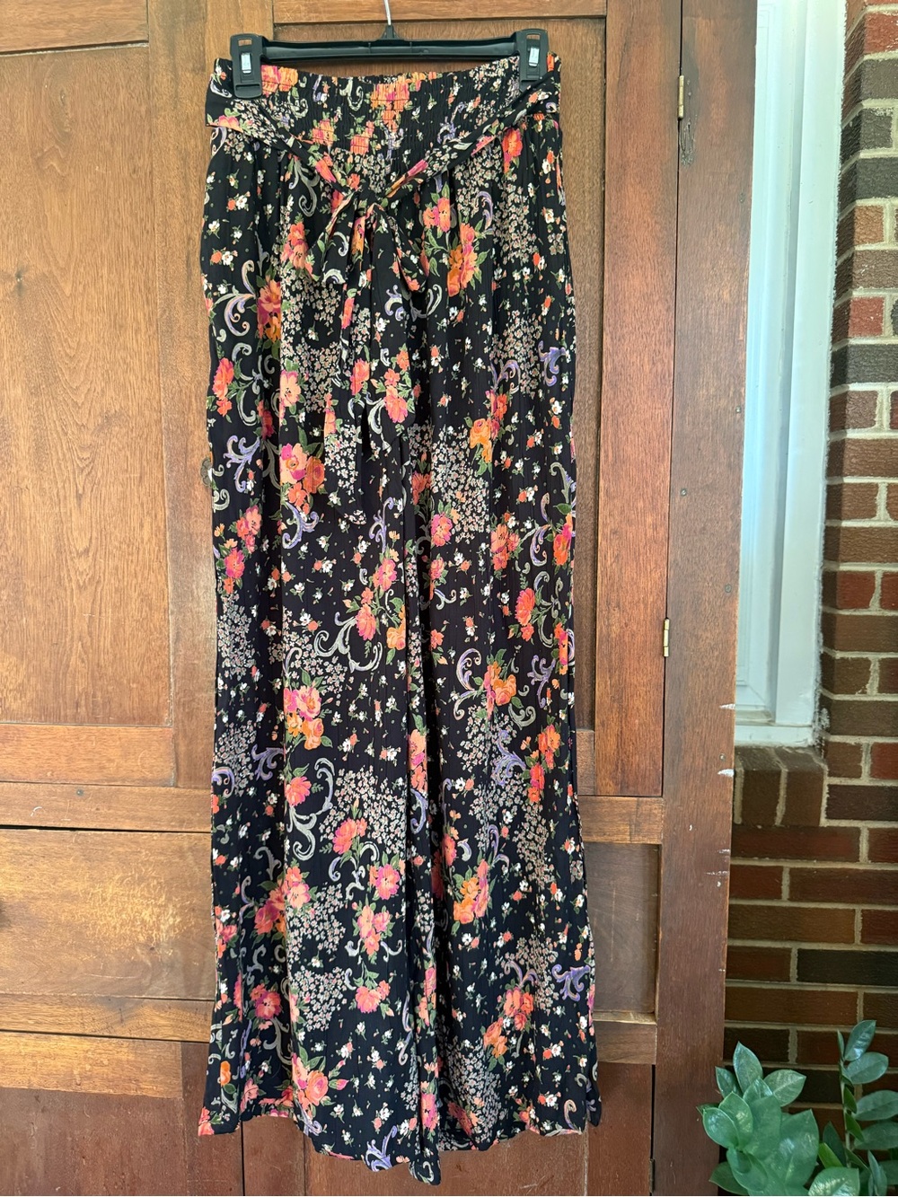 Angie Black Wide Leg Floral Pants with Coral & Purple Accents